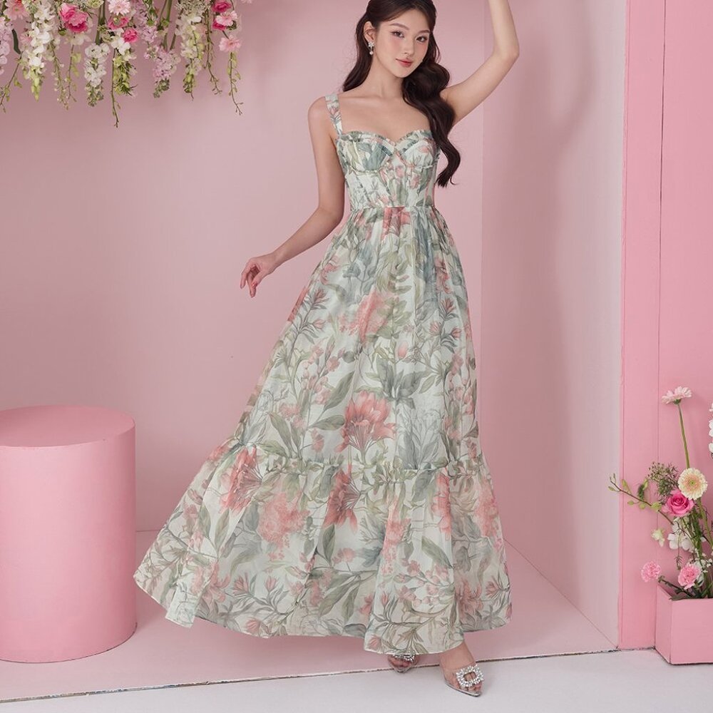 Chello Teodora Floral Garden Painting Corset Printed Maxi Dress in L'eden Floral